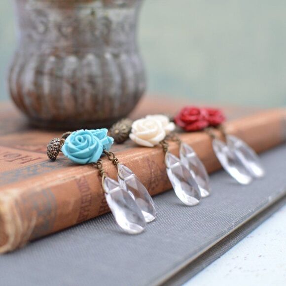 Red Rose Earrings with Teardrop Bead - Picture 3 of 4